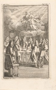 Allegorische voorstelling met de ondertekening van de Vrede van Utrecht in 1713, in de lucht de Vrede en de Overvloed. Ets door Anna Folkema. (Collectie Rijksmuseum Amsterdam